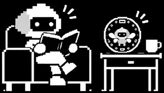 Pixel drawing of someone reading on a sofa next to the Yafa device